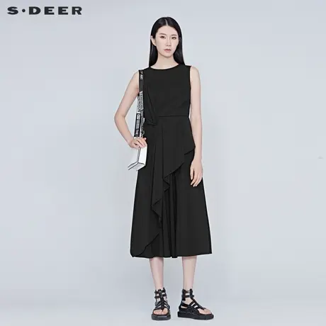 sdeer圣迪奥夏装不规则立体褶皱通勤优雅连衣裙小黑裙女S20281277图片