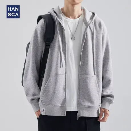 hansca2025新款春秋季灰色连帽卫衣男美式潮牌宽松拉链运动服外套图片