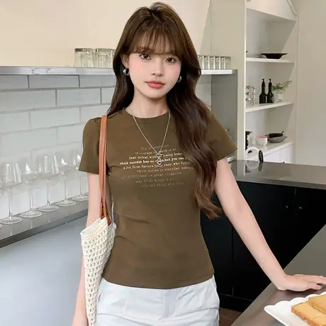 尔给修身显瘦T恤女印花休闲百搭女士圆领时尚短袖上衣女商品大图