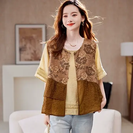 宝诗黎圆领提花拼接马甲外套女2025夏季时尚气质新中式马夹上衣商品大图