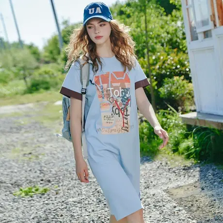 a02美式甜美印花设计短袖宽松T恤裙夏季小清新中款连衣裙图片