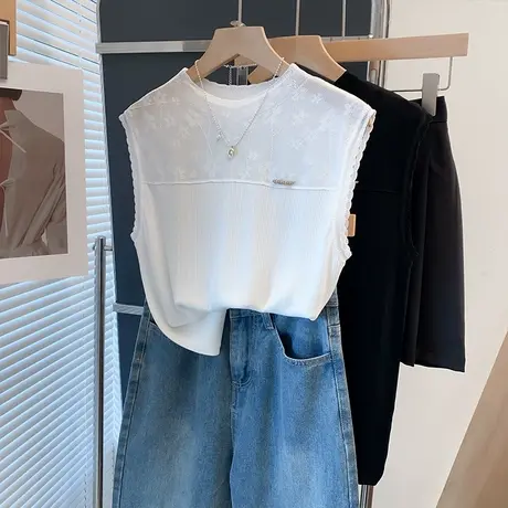 蕾丝圆领冰丝针织背心女2025夏装新款内搭上衣外穿薄无袖t恤衫潮商品大图