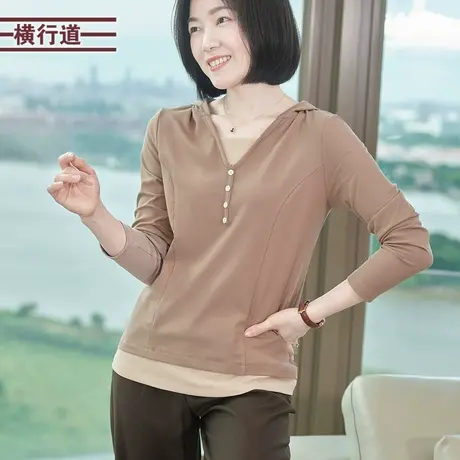 假两件拼接长袖上衣打底纯色简约连帽外穿春装新款T恤春季小衫女图片