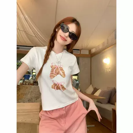 甜辣白色短袖2025夏季新款法式t恤女收腰高级设计感小众短款上衣商品大图