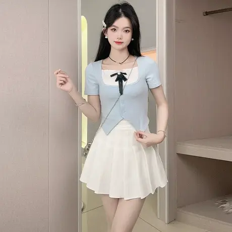 乡美媚法式甜美假两件方领短袖T恤女夏季新款收腰短款蝴蝶结上衣图片