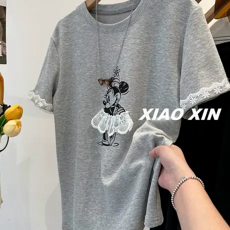 甜系上衣~韩国立体蕾丝裙米老鼠印花短袖T恤女夏季百搭半袖上衣潮图片
