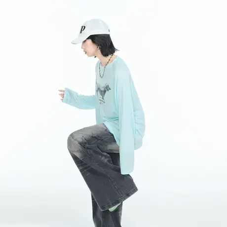 美式轻薄微透宽松防晒罩衫女2025夏季新款休闲慵懒感长袖T恤上衣图片