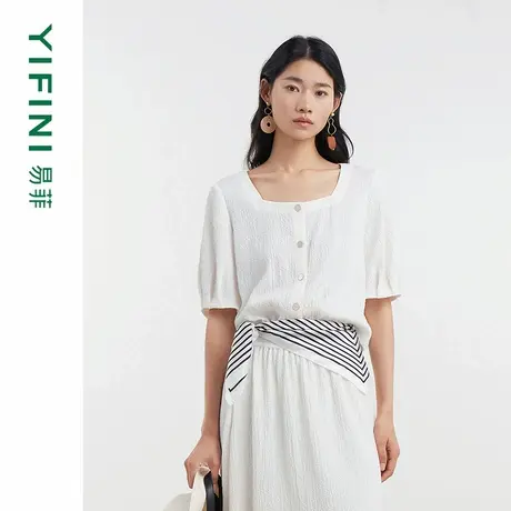 [专柜同款]Yifini/易菲方领泡泡袖短款套头衫女百搭上衣D04S1429商品大图