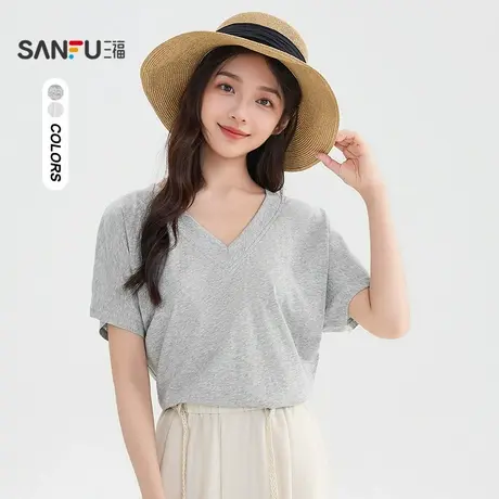 三福短T恤2025夏季侧边褶皱V领蝙蝠袖宽松上衣女装503660商品大图