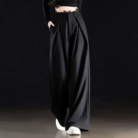 黑色阔腿西装裤子女2025新款夏季垂坠感褶皱蕾丝高腰直筒休闲长裤商品大图