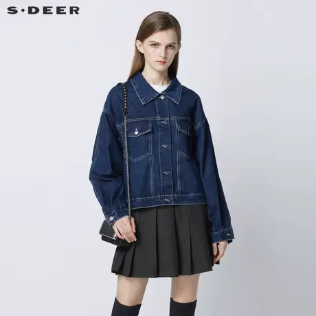 sdeer圣迪奥女装春秋装做旧翻领短款夹克通勤牛仔外套S21362217图片