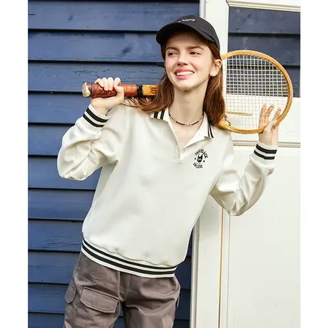 a022025春季新款黑白条纹Polo领运动休闲学院风女式卫衣商品大图