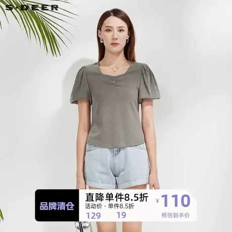 sdeer圣迪奥女装圆领抽褶喇叭袖基本款T恤S22260136图片