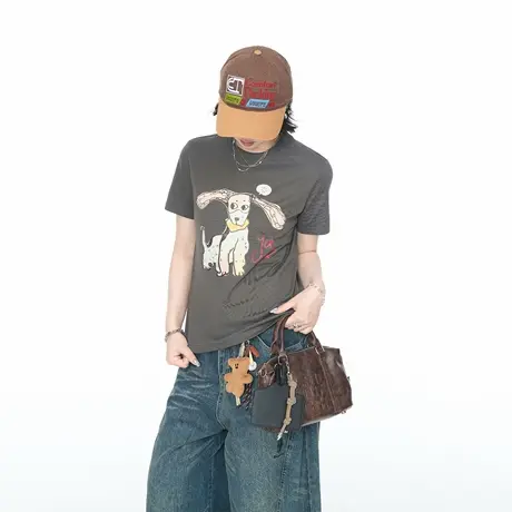 美式短款正肩修身显瘦短袖T恤女卡通印花2025夏季新款甜辣风上衣图片