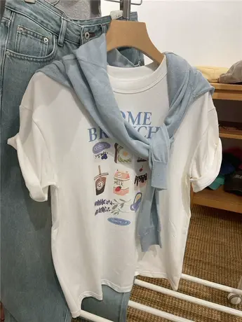 韩国ins 早餐Tee 面包牛奶蛋糕插画印花甜美韩妹短袖T恤女上衣夏商品大图