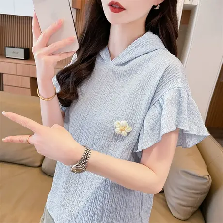 连帽短袖t恤女2025新款夏季韩版宽松大码女装设计感荷叶袖上衣服商品大图