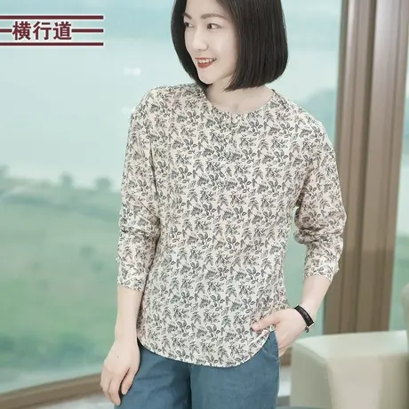 简约休闲圆领碎花宽松长袖上衣2025春装新款小个子宽松大码外穿女商品大图
