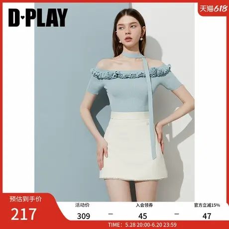 DPLAY2025年夏季新款蓝色一字肩上衣女法式冰麻小衫短袖针织衫图片