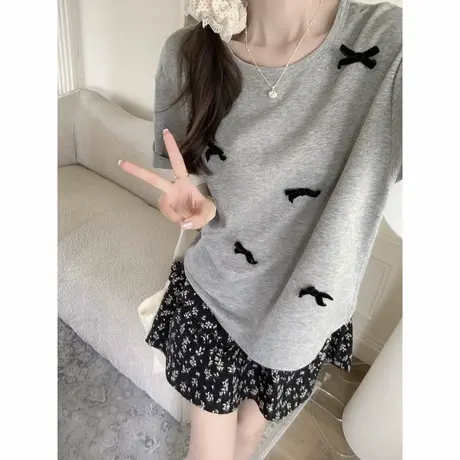 蝴蝶结拼接设计感小众短袖T恤女夏季韩版宽松显瘦正肩半袖上衣潮商品大图
