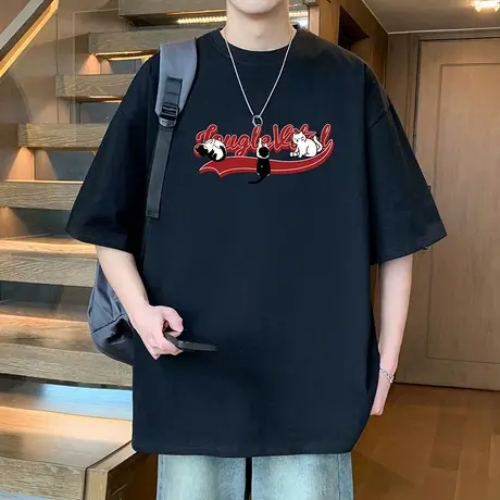 短袖t恤男夏季2025新款宽松半袖纯棉圆领体恤高街重磅美式上衣服商品大图