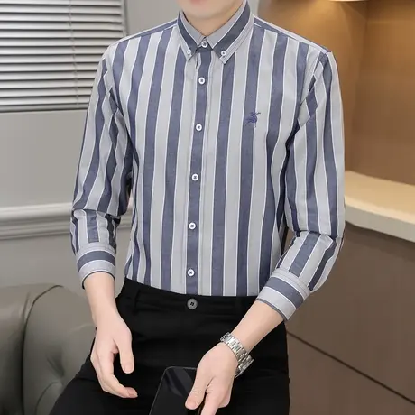 春季薄款翻领男士纯棉衬衫中青年长袖上衣竖条纹寸衣休闲商务衬衣商品大图