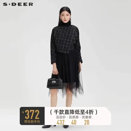 sdeer圣迪奥女装优雅高领格纹网纱连衣裙套装S224Z1419商品大图