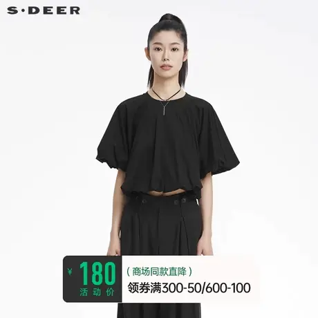 sdeer圣迪奥夏装短袖时尚圆领抽褶花苞短款正肩黑色T恤S22280190⌛商品大图