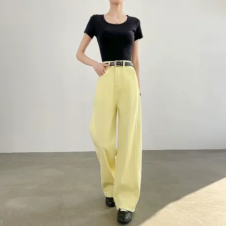 浅黄色天丝莱赛尔牛仔裤女夏季薄款高腰宽松显瘦垂感直筒阔腿裤子商品大图