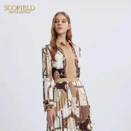 Scofield女装复古窗格纹链条印花雪纺衫时尚撞色衬衫上衣秋季衬衣商品大图