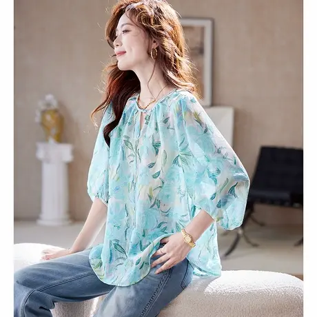 宝诗黎灯笼袖印花宽松衬衫2025夏季洋气休闲百搭减龄大码衬衣女图片