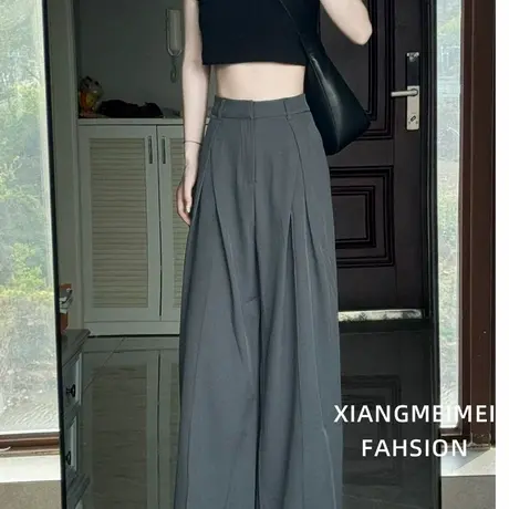 灰色西装裤女春季垂感窄版直筒裤小个子高腰阔腿休闲裤百搭高腰商品大图