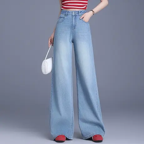 时尚牛仔拖地裤阔腿裤女夏季2025新款高腰宽松显瘦百搭直筒休闲裤商品大图