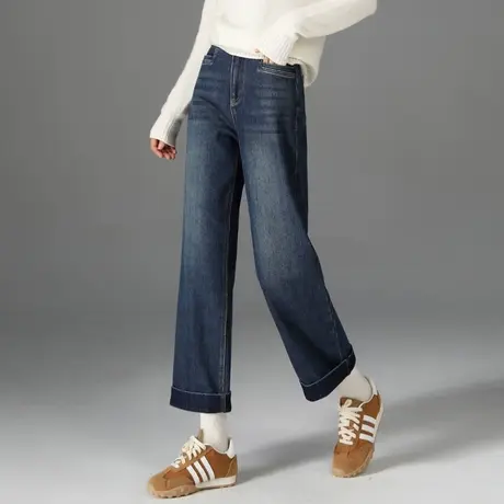 加绒窄版阔腿牛仔裤女2024新款冬季宽松高腰直筒裤九分小个子秋冬商品大图