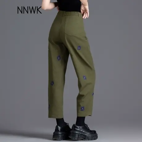 美式复古军绿色碎花刺绣牛仔裤女2025新款春季高腰显瘦九分哈伦裤商品大图