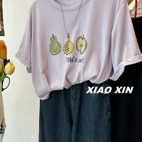 韩系ins 卡通梨子水果印花短袖T恤女 2025夏季新款宽松雪花棉上衣图片