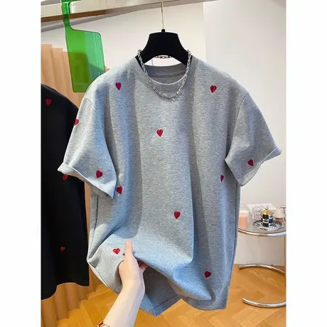 设计感小众爱心刺绣短袖T恤女夏季宽松韩版打底衫纯棉内搭上衣潮图片