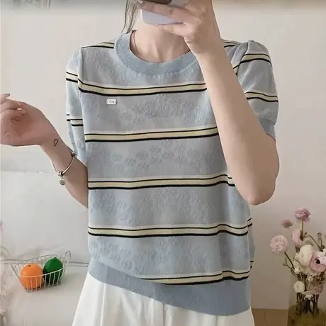 设计感小众条纹针织短袖t恤女2025新款夏季薄款宽松显瘦打底上衣图片