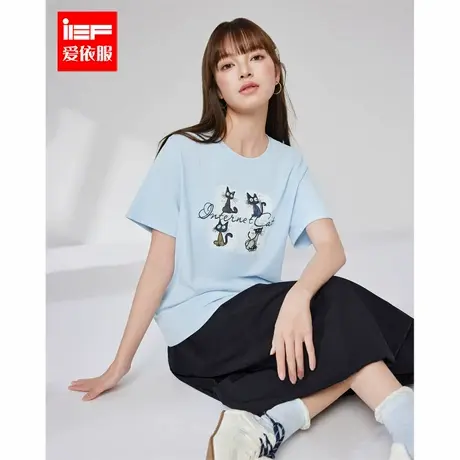 IEF/爱依服上衣2025夏季新款韩版休闲通勤气质小众猫咪印花T恤图片