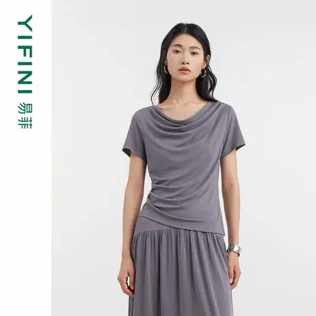 [专柜同款]Yifini/易菲天丝醋酸荡领修身设计感气质T恤女D04Z1402商品大图