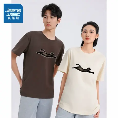 TM真维斯男女同款2025夏季新款 时尚猫印花男生短袖上衣纯棉T恤女商品大图