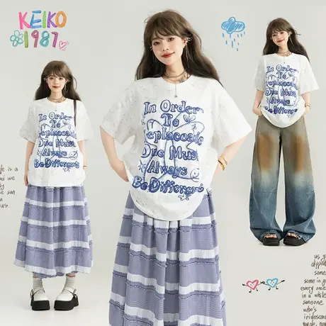 KEIKO ins风喷印字母图案白色t恤女2025夏季美式休闲宽松短袖上衣图片