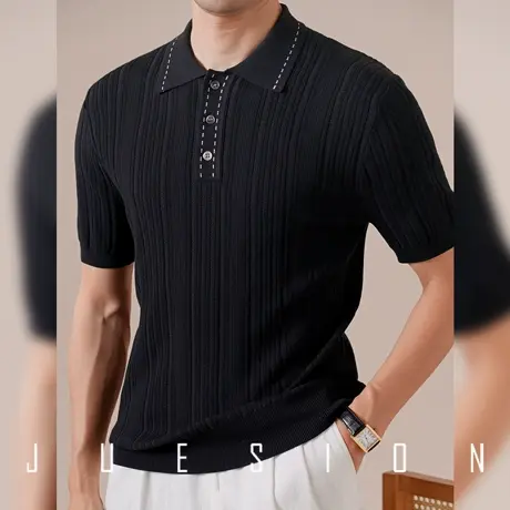 JUESION 纯莱赛尔针织polo衫男士短袖夏季镂空翻领设计感休闲t恤图片