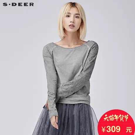 sdeer圣迪奥女2017冬装金属感绣花圆领打底长袖T恤上衣S16480247图片