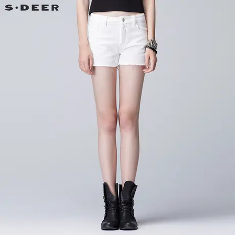 sdeer圣迪奥2019夏装纯白纽扣门襟毛边全棉牛仔短裤S17280956图片