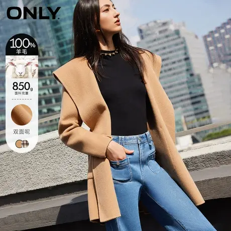 ONLY奥莱时尚收腰100%绵羊毛连帽毛呢大衣女图片