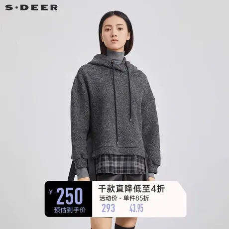 sdeer圣迪奥女装连帽毛呢小格纹花灰色拼接格纹飘带卫衣S223Z2240图片