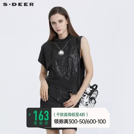 sdeer圣迪奥夏季休闲连帽印花设计感不对称短袖T恤女S21280172图片
