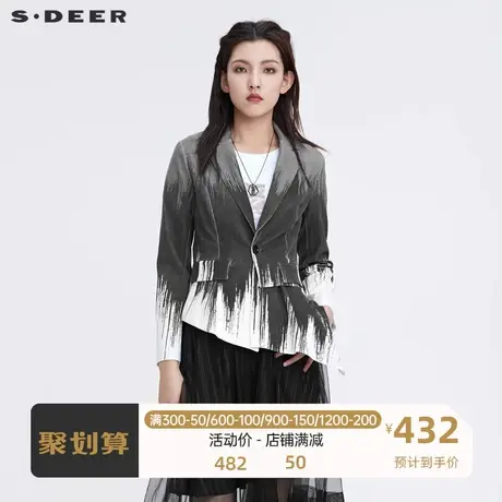 sdeer圣迪奥女装水墨印花不规则拼接西装外套S22182204图片