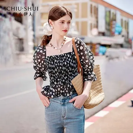 【晶晶姐妹专属】秋水伊人碎花方领衬衫夏女花苞袖露腰雪纺上衣商品大图
