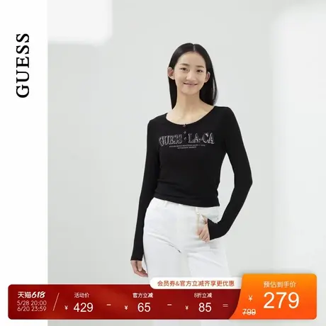 【李孝利同款】GUESS 女士设计款纯色简约百搭长袖T恤图片
